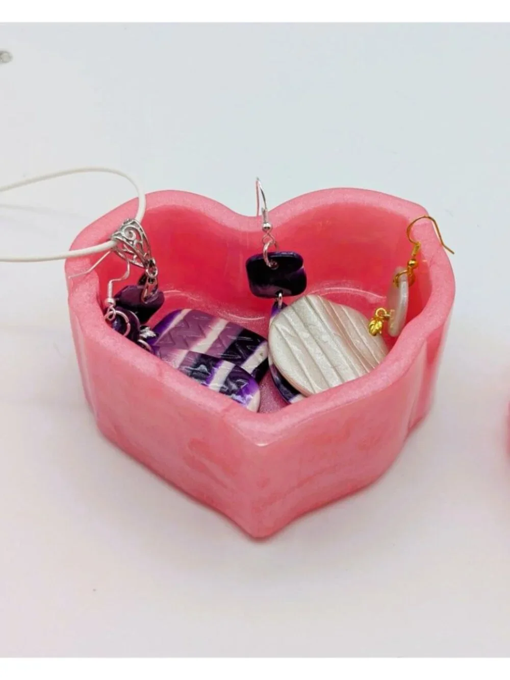 Heart-Shaped Pink Resin Jewelry Box With Rose Design Lid Handmade 3.5